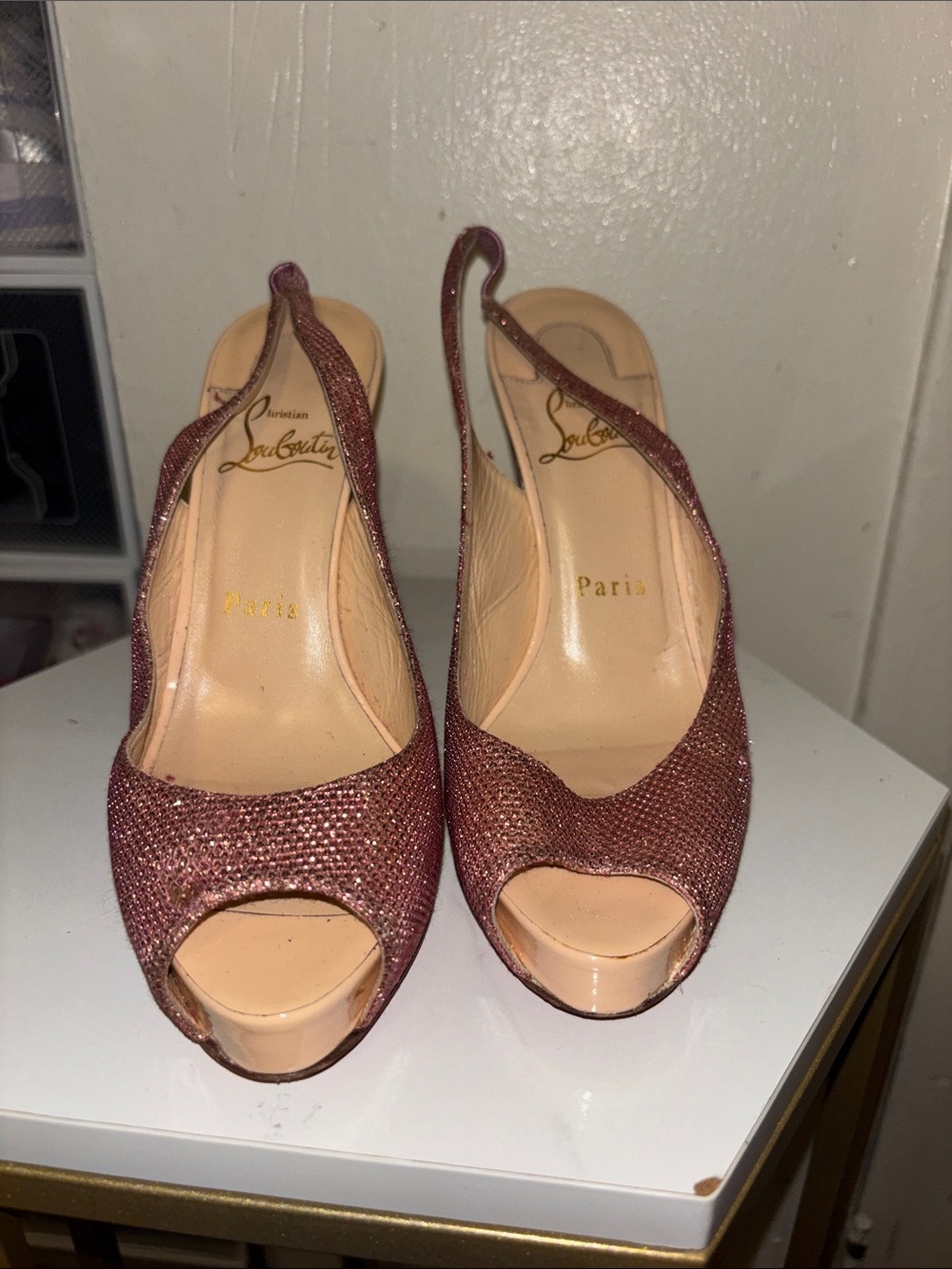 Christian Louboutin Rose Pink Glitter Peep-Toe Slingback Heels
